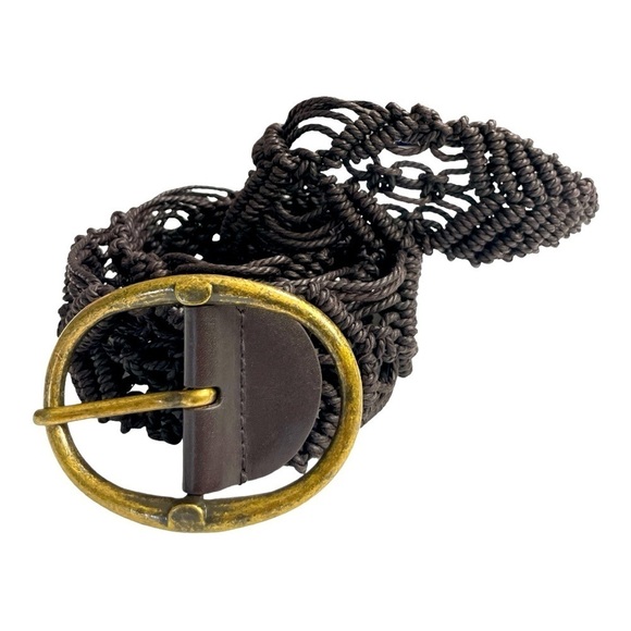 Vtg Hippie Macrame Belt Adjustable Brown Leather Brass Buckle Boho - Picture 2 of 12